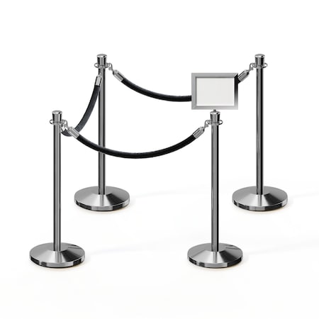 Stanchion Post & Rope Kit Pol.Steel,4CrownTop 3Blk Rope 8.5x11H Sign